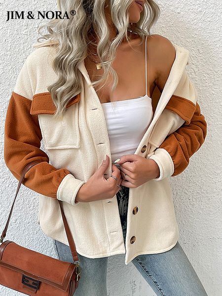 

womens wool blends jim nora women autumn winter warm polar fleece patchwork shirt jacket overcoat female loose clothes coat outwear fashion, Black