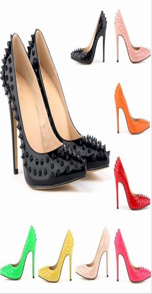 

nude patent rivet spikes poined toes high heels shoes women lady genuine leather wedding shoe pumps stiletto4865791, Black