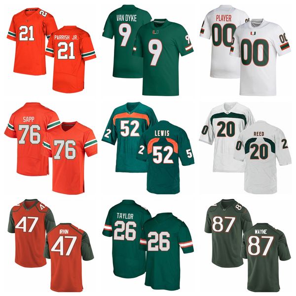 

ncaa miami hurricanes jerseys football college tyler van dyke henry parrish colbie young sean taylor michael irvin warren sapp reggie wayne, Black