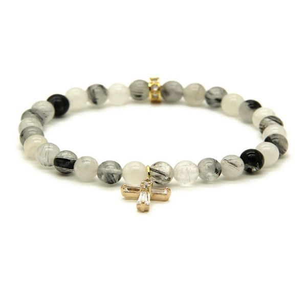 

whole summer womens jewelry 6mm black rutilated quartz stone beads with clear zircons loyal cross cz bracelets7182424, Golden;silver