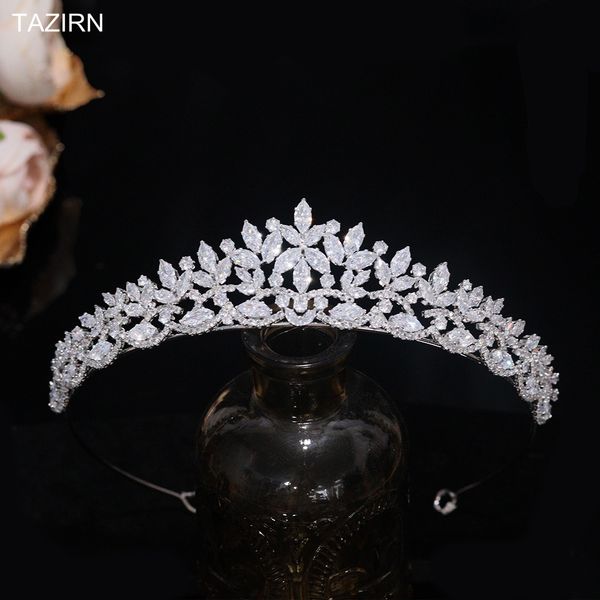 

wedding hair jewelry tazirn small floral wedding bride crowns cubic zirconia tiaras handmade cz bridal headdress prom birthday party hair ac, Slivery;golden