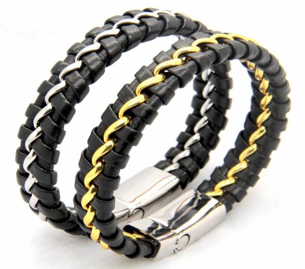 

unique designer stainless steel bracelets bangles mens gift black leather knitted magnetic clasp bracelet men jewelry3558204