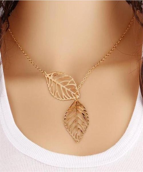 

simple style new fashion vintage punk necklace gold hollow two leaf leaves pendant necklace clavicle chain charm jewelry for women7158518, Silver