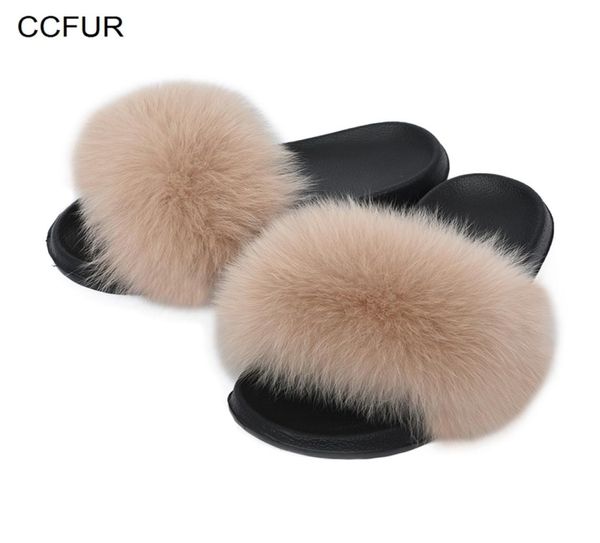 

ccfur women039s furry slippers ladies cute real fox fur hair fluffy slides women039s genuine fur sliders indoor s6043b t20042516811, Black