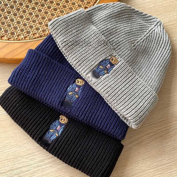 

polo bear embroidery knit cuffed beanie winter hat, Blue;gray