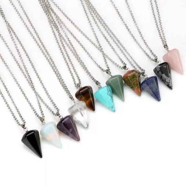 

natural gemstone pendant necklace crystal healing chakra reiki stone hexagonal prisme cone pendulum charm necklaces for women girl6715144, Silver