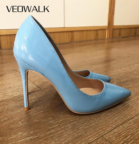 

veowalk solid light blue women patent leather pointy toe stilettos slip on extremely high heel shoes comfortable ladies pumps 21021856074, Black