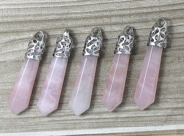 

natural rose quartz point pendulum wand pendant pink crystal stone irridescent gemstone quartz for jewelry necklace6723538, Silver