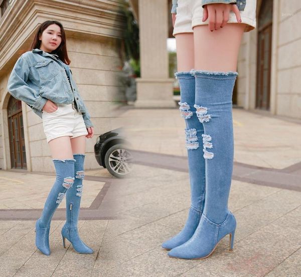 

boots denim women thigh pointed toe high booties 2021 spring winter heels woman shoes ladies thin tassel jean boots19853847, Black