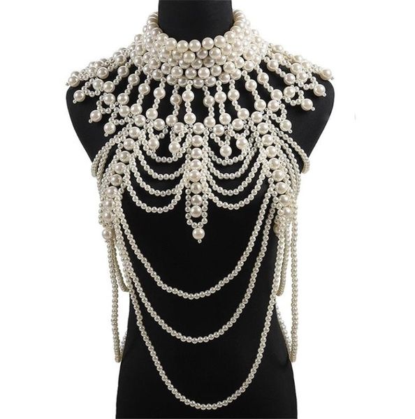 

retro advanced pearls crystal body jewelry chain sexyhandmade beaded women bridal wedding dress large necklace jewelry accessor 228979940, Golden;silver