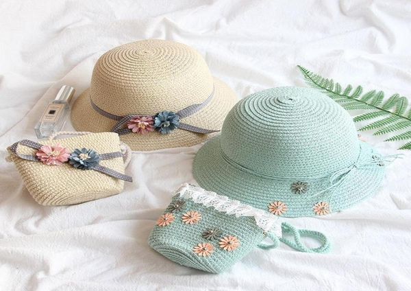 

baby girl straw hat summer beach breathable wide brim hats bow sunscreen straw flower cap and b jllklk home0036373472, Blue;gray