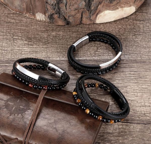 

natural stone beaded bracelet for men and women leather woven stainless steel magnet buckle bracelet jewelry5182590, Black