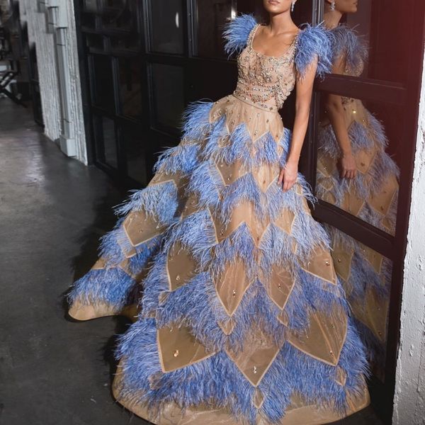 

luxury dubai beads feathered a-line party dress ball gown square neck women evening gown vestidos de noche, Black;red