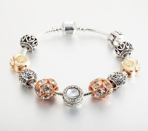 

18k rose gold plated heart charms european beads bracelet for 925 silver chain bracelets for women wholesale7206177, Golden;silver