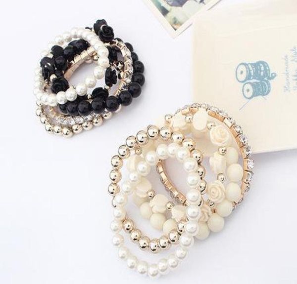 

charms bracelets for women jewelry whole simulatedpearl bracelets mix beads flower pendants stretch women pretty bracelets 4109318, Golden;silver