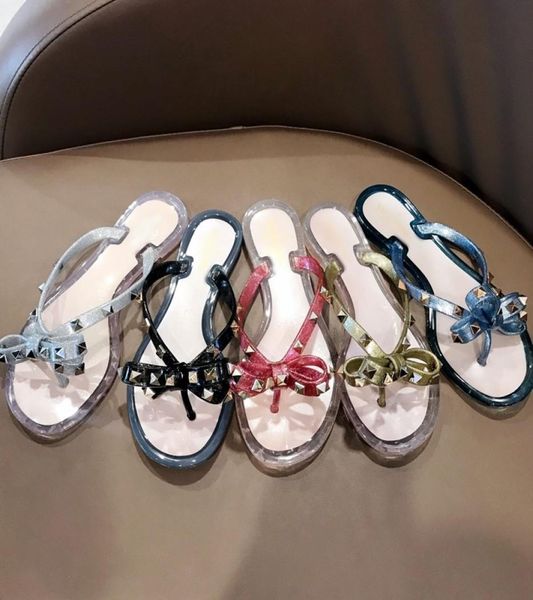 

2019 european summer new fashion rivet bow flat flip flops women wear cool slippers jelly shoes size 35402956204, Black