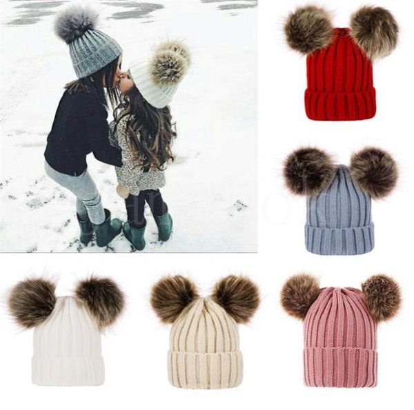 

children baby knitted hats winter knitted solid crochet hat warm soft pom pom beanies double hairball hats outdoor slouchy caps db7105888, Blue;gray