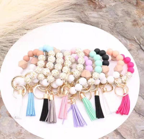 

foreign trade food grade silicone beads bracelet keychain personalized tassel pendant key ring female multicolor optional2448194, Silver