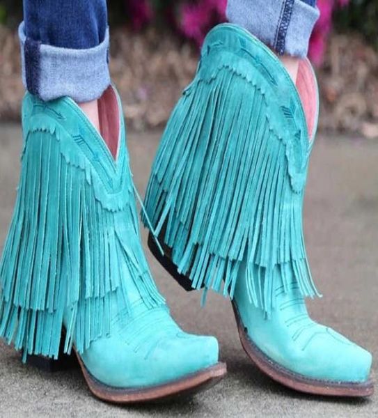 

2021 women midcalf low heel bohemia motorcycle boots fringed cowboy boots shoes spring autumn women martin boots botas mujer y0912340875, Black