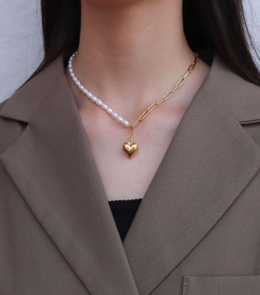 

peach heart half splicing rice frhwater pearl necklace clavicle chain female titanium steel plated with 18k real gold p6918653252, Silver
