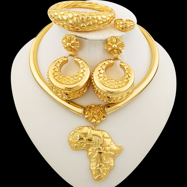 

wedding jewelry sets dubai 18k golden color jewelry set for women trend hoop earrings african map design pendant necklace bangle ring for br, Slivery;golden