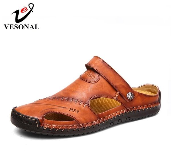

vesonal summer genuine leather out door shoes men sandals handmade classic for male soft walking beach sandalias sandal slides y203170187, Black