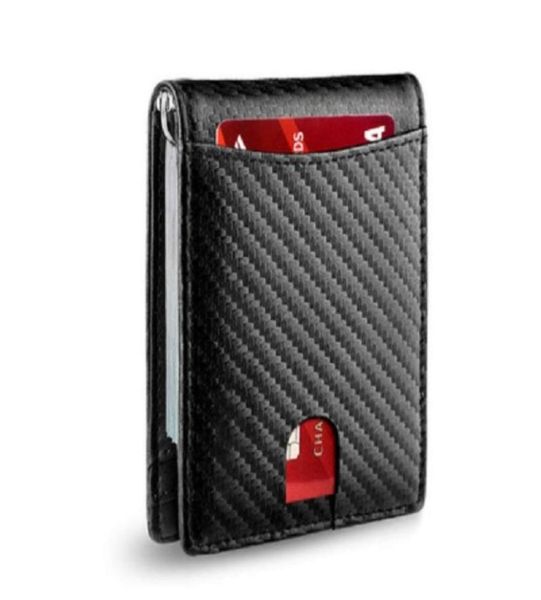 

fashion minimalist front pocket flip bifold elegant genuine leather men women wallet carbon fiber with money clip rfid blocking3207647354, Red;black