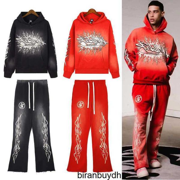 

hellstar trendy heavy industry washed old hooded sweater pants men's and women's casual sports set, Black