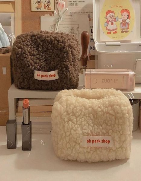 

women soft lambswool makeup bag zipper large solid color cosmetic bag travel make up toiletry bag washing pouch stationery bags3170658