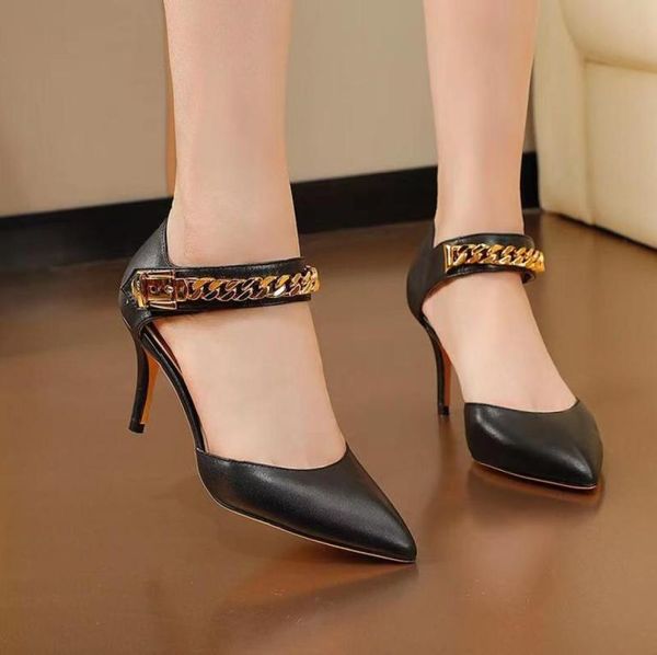 

stylishbox y21041905 344041 blackivory 8cm heels shoes gold chain genuine leather sling back pointed toe fashion casual hollow5715820, Black