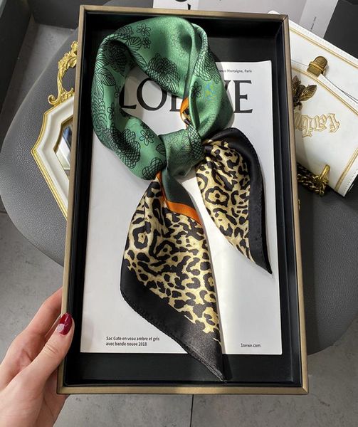 

retro summer thin leopard splicing floral green elegant square scarf emulation silk scarf for women allmatching graceful6418882, Blue;gray