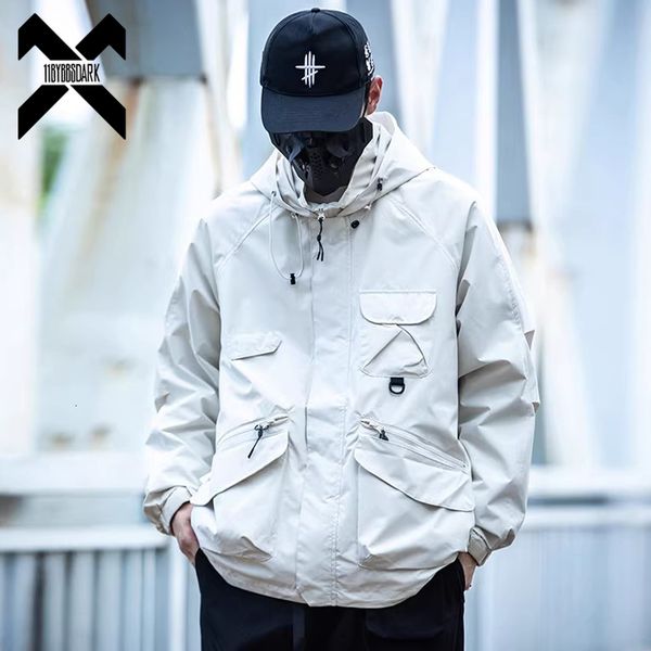 

mens jackets autumn tactical hood jackets men functional multi pockets jacket windbreaker hip hop streetwear coat men clothing techwear 2309, Black;brown