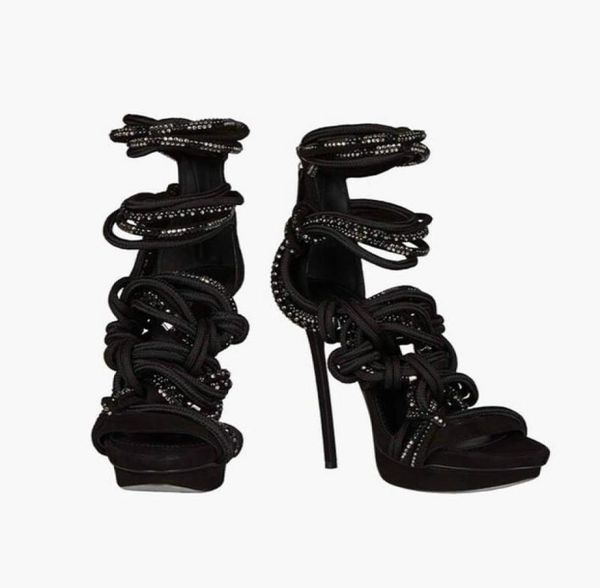 

2019 black mixed color stiletto heels shoes open toe ladies summer sandals weave rope knot hollow out back women sandals1301815