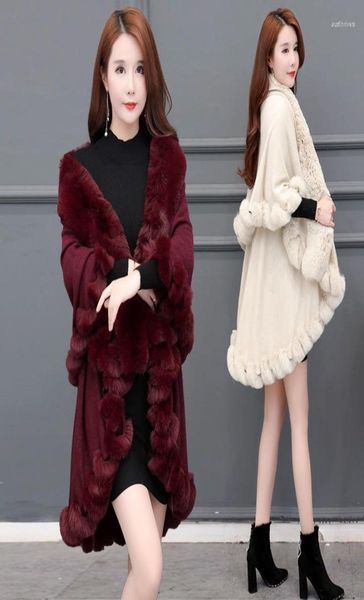

scarves fashion double layer handcraft fur cape shawl long knit cashmere poncho coat wraps faux pashmina cloak women winter9456481, Blue;gray