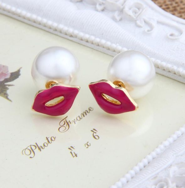 

creative ear studs double side pearl earrings women039s fashion red lip pearl studs1350022, Golden;silver