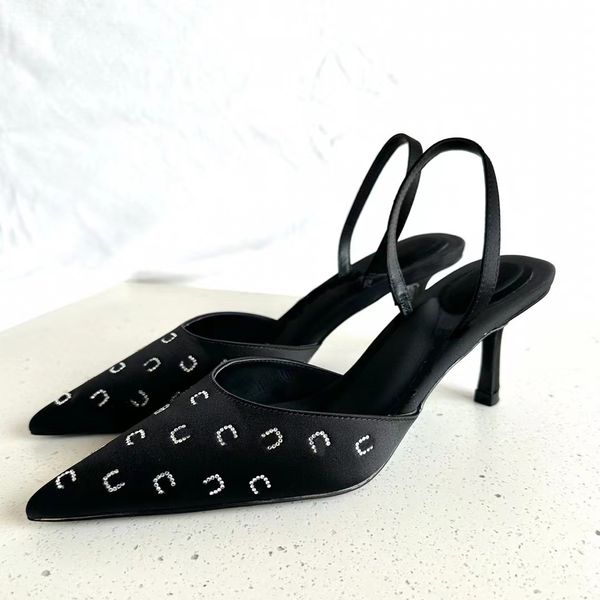 

fashionable designer shoes satin rhinestone decoration women high heels casual sandals ankle straps toe wrap pointed dress shoes factory sho, Black