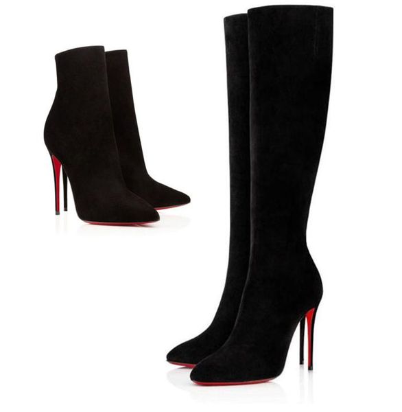 

winter fashion women pointed toe bottoms ankle boots booty black soft suede leather lady booties high heels combat booties2114896