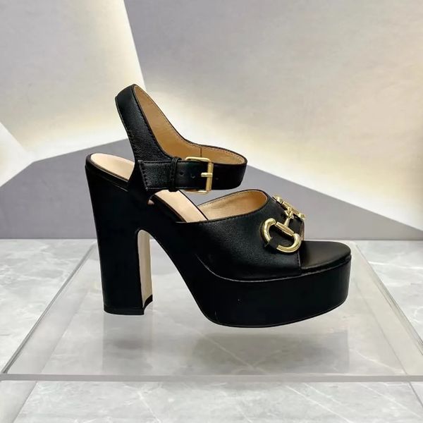 

women's thick heel waterproof platform sandals hardware buckle decoration ankle strap open toe dress shoes luxury designer high heels f, Black