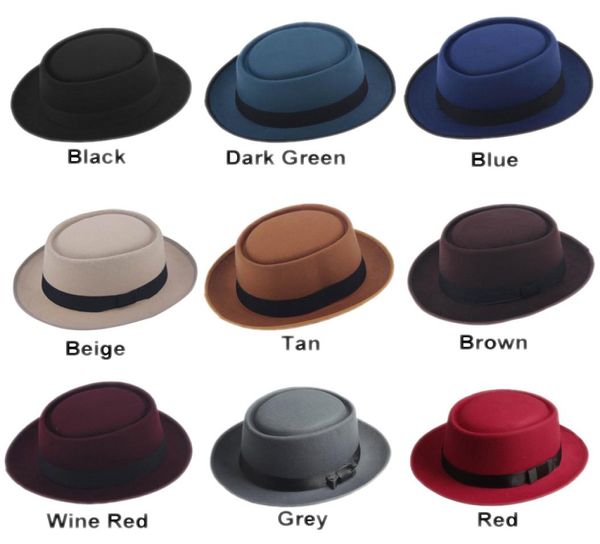

classic felt pork pie porkpie hat cap upturn short brim black ribbon band7072025, Blue;gray