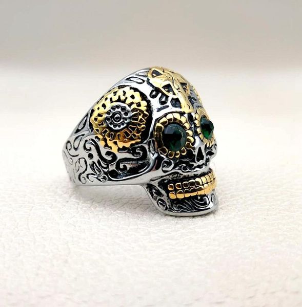 

punk vintage skull men's ring titanium green eye ring09487817, Silver