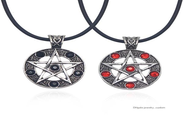 

anime kuroshitsuji pentagram pendant necklace red black crystal round leather chain necklaces cosplay jewelry colar7718280, Silver