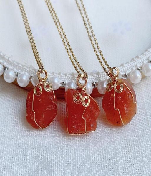 

pendant necklaces 15-20mm small natural stone necklace steel chain wrap rock raw red agates carnelian crystal women femme3110440, Silver