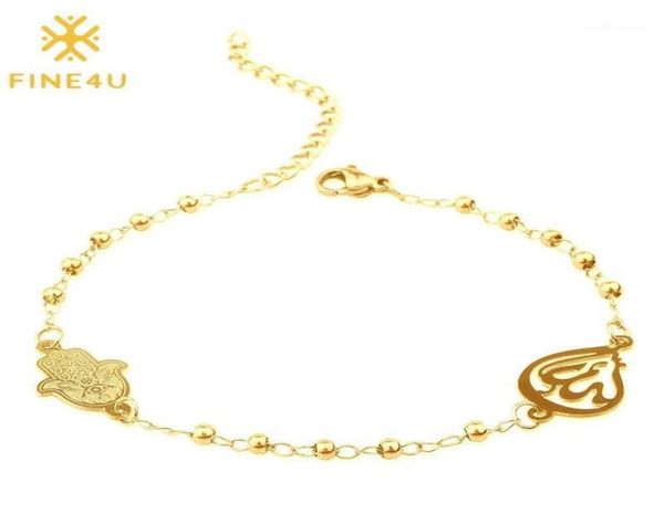 

charm bracelets fine4u b228 stainless steel muslim hamsa charms bracelet 3mm gold color beads islam koran rosary jewelry for women2867869, Golden;silver
