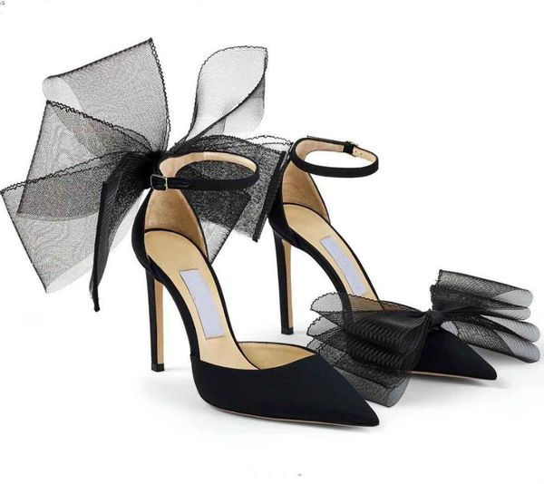 

designer elegant brands averly sandals shoes pointed toe mesh bow pumps women high heels aveline ankle strap dress wedding bridal 5007377, Black
