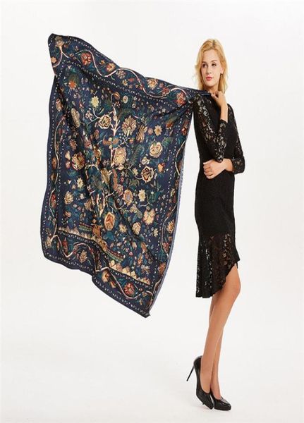 

new 100 silk scarf women large shawls desire tree print stoles square bandana kerchief scarf female foulards 130cm8184549, Blue;gray
