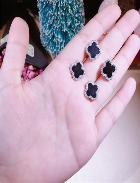

new luxury real 925 silver clover earrings brand designer sterling silver stud earrings fashion women black clover earings jewelry4689985, Golden;silver