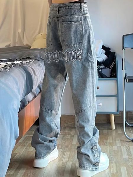 

men's jeans letter embroidered loose fitting jeans men street wide leg casual pants high street trendy straight pants fitting men', Blue