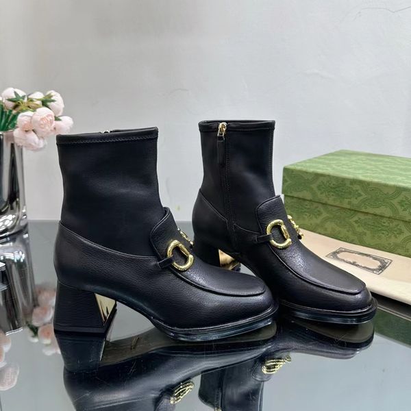

designer boots women side zipper leather 5.5cm chunky heel short boots fashion casual square toe elastic sheepskin boot thick sole party sho, Black