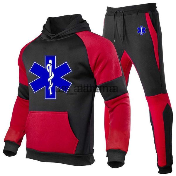 

men's tracksuits 2023 new emt emergency ambulance spring autumn men casual set male joggers hooded sportswear jackets tricolor splicebe, Gray