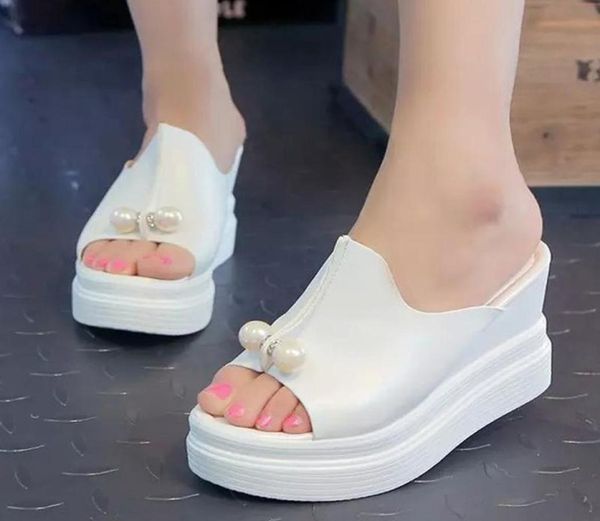 

women platform shoes ladies slippers thickbottom solid pearl waterproof wedge sandals summer flipflops beach shoe9389450, Black